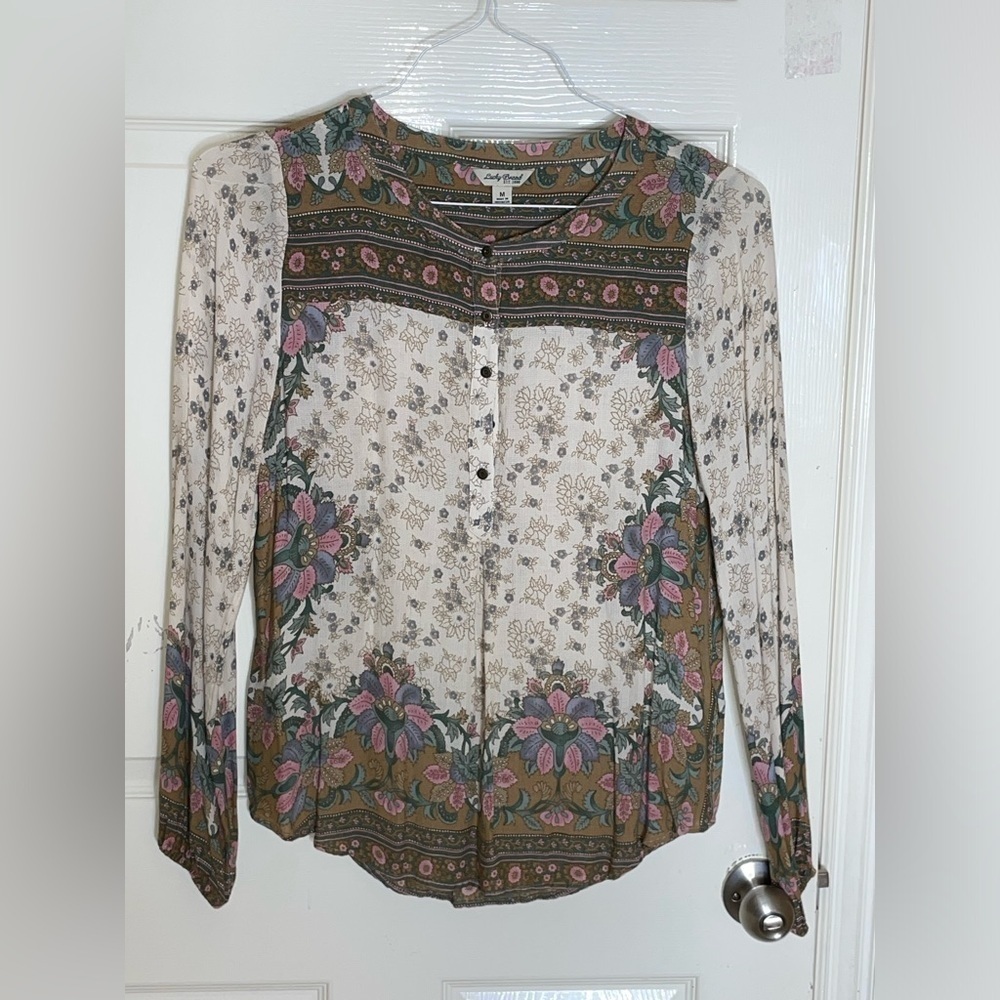 Lucky Brand Top Womens Medium Henley Floral Boho Super Thin​​​​​​​​​ - Picture 8 of 8